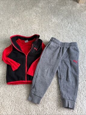 Puma Kids Black & Red Fleece Vest with Red Top and Gray Sweatpants